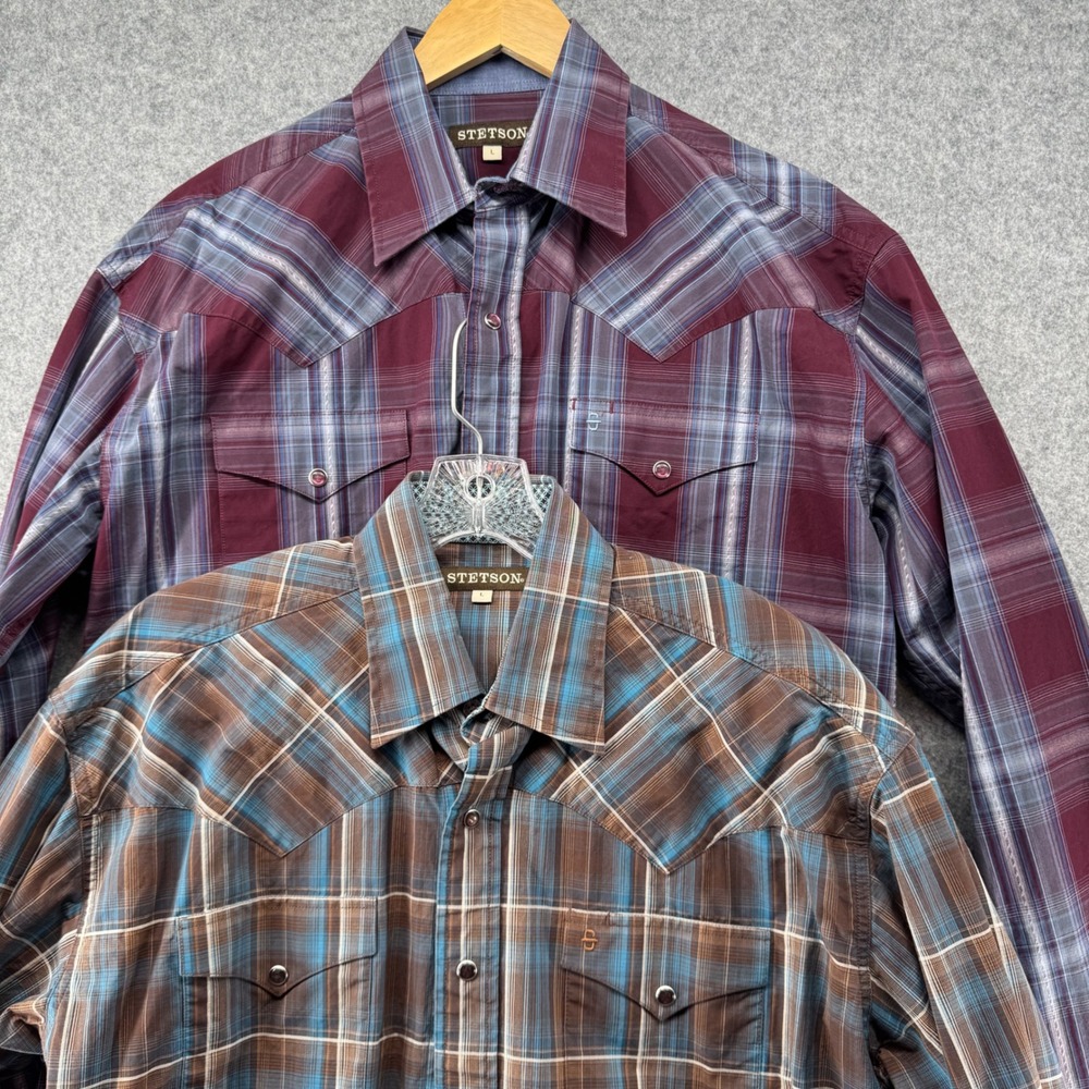 2 PACK Stetson Western Snap Shirt Lot Mens L Brown Burgundy Plaid Pearl Snap